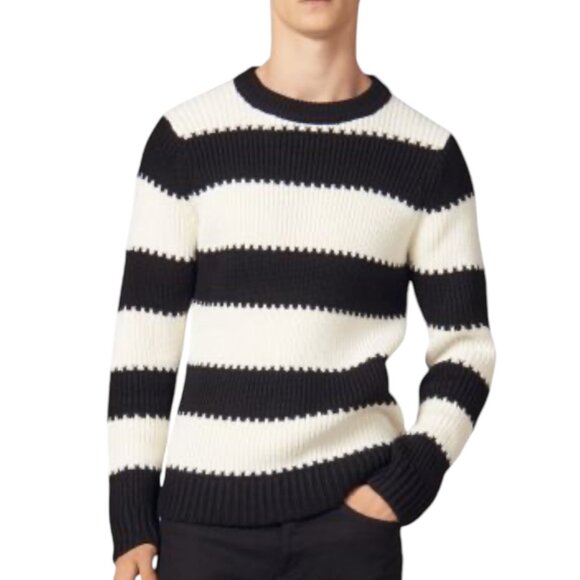 Sandro Mens Andy Wide Striped Crewneck Sweater L Ecru Black Long Sleeve Wool - Picture 1 of 12